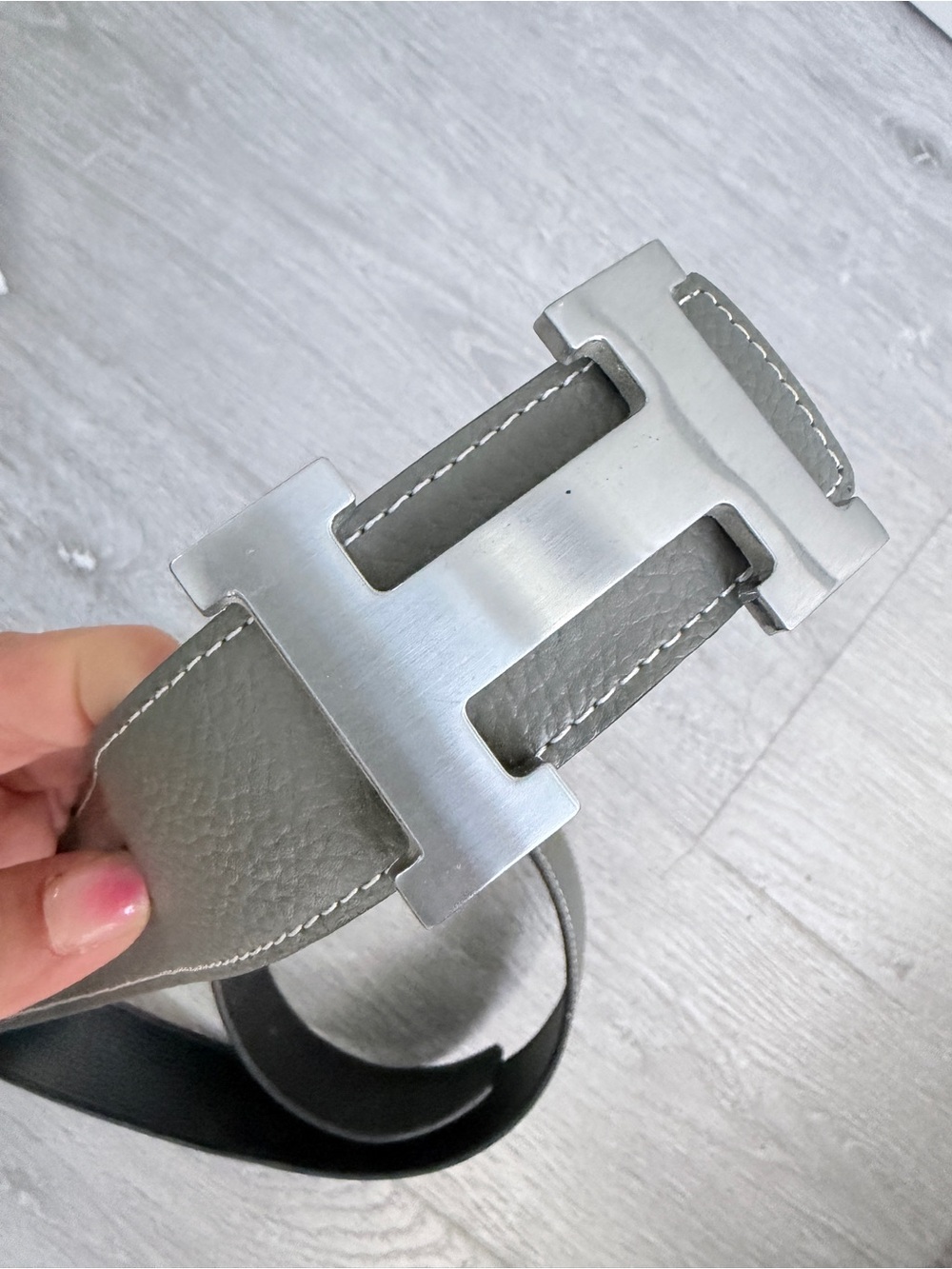 Hermes Men's Leather Belt with Silver H Buckle - Gray